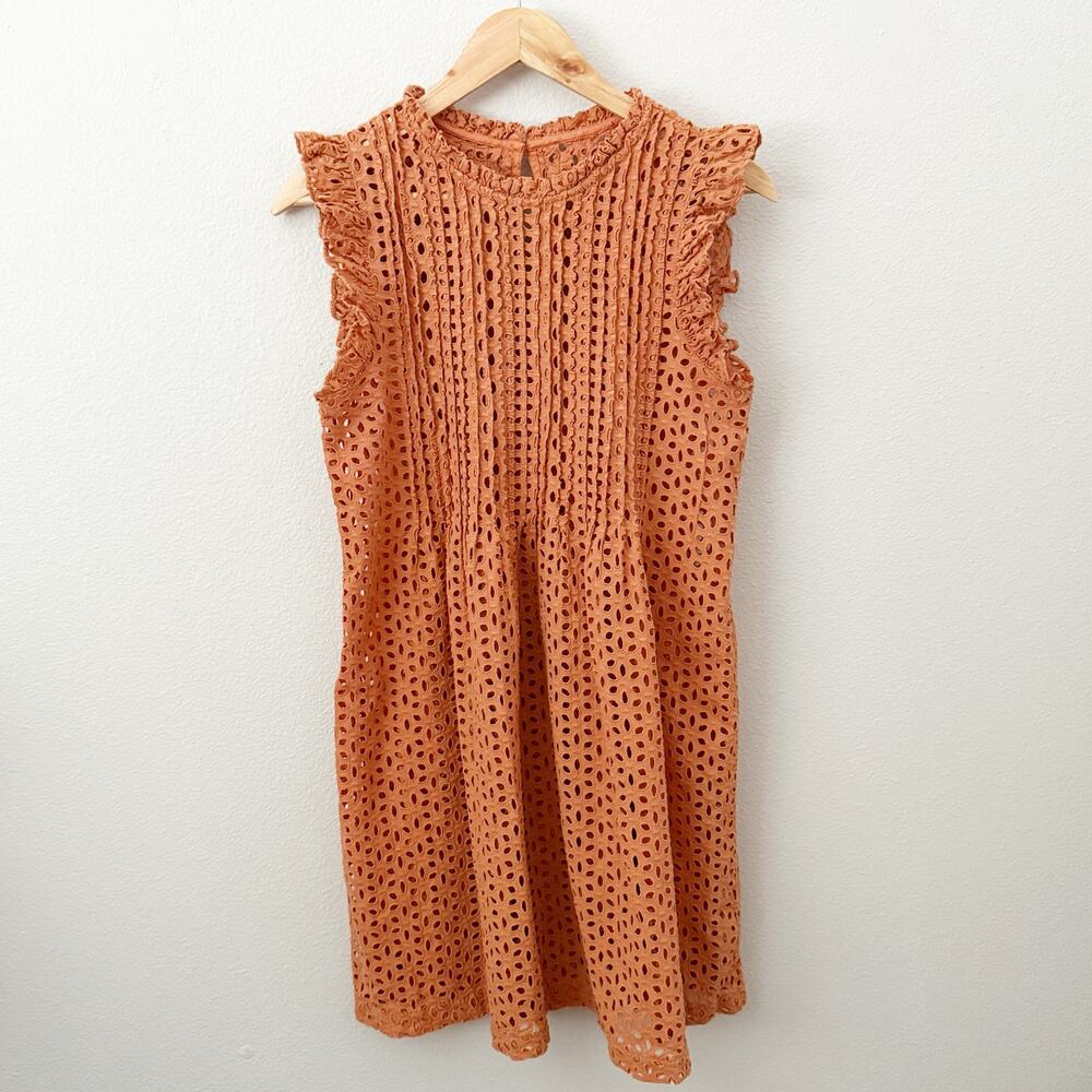 MADEWELL | Eyelet Ruffle-Sleeve Pintuck Mini Dress Orange Mulled Cider | Medium - Picture 2 of 9
